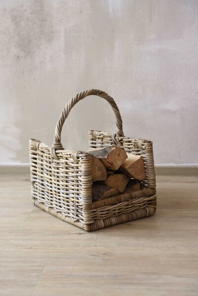 Koš na dřevo LUMBER, ratan, délka 45 cm, přírodní šedá
