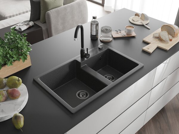 Mexen Tomas, granitový dřez 800x500x190 mm, 2-komorový, černá skvrnitá s černým sifonem, 6516802000-76-B