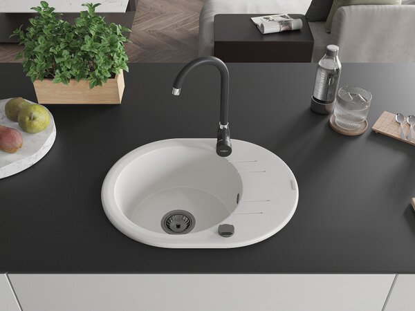 Mexen Kevin, granitový dřez 586x458x190 mm, 1-komorový, bílá s černým sifonem, 6517581005-20-B