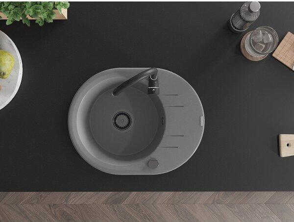 Mexen Kevin, granitový dřez 586x458x190 mm, 1-komorový, šedá s černým sifonem, 6517581005-71-B