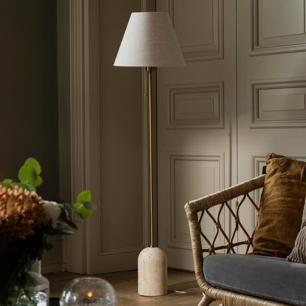 Globen Lighting Stojací lampa Gino, podstavec travertin, béžová, 145 cm, Krémová / jantar, Obývací pokoj / jídelna, Textil / tkanina / hedvábí, Design