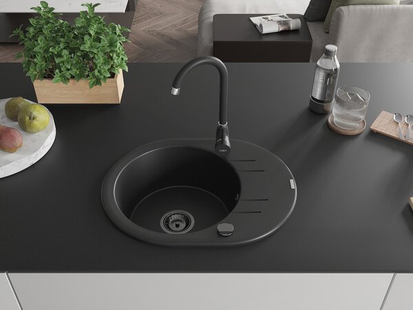 Mexen Kevin, granitový dřez 586x458x190 mm, 1-komorový, černá s černým sifonem, 6517581005-77-B