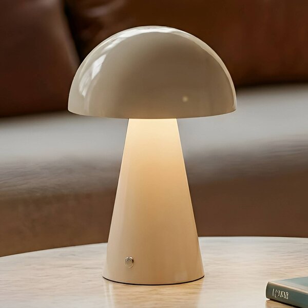 Lindby LED dobíjecí stolní lampa Nevijo, béžová, Ø20cm, USB, stmívač, stmívatelný, Krémová / jantar, Obývací pokoj / jídelna, kov, Moderní