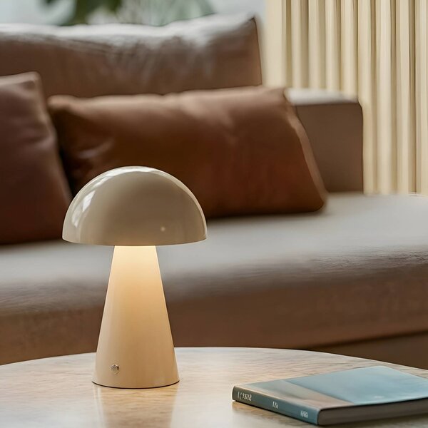 Lindby LED dobíjecí stolní lampa Nevijo, béžová, Ø20cm, USB, stmívač, stmívatelný, Krémová / jantar, Obývací pokoj / jídelna, kov, Moderní
