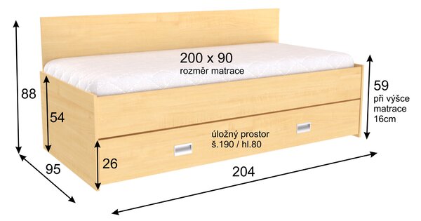 Zvýšené lůžko DUO s úložným prostorem Olše, zapuštěné úchytky, zvýšená 2 čela (zadní a boční pravé)