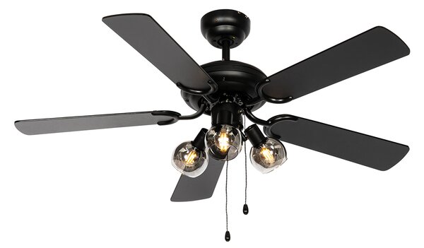 Stropní ventilátor černý s dřevěným potiskem 107,5 cm 3-světla s tahovým spínačem - Mistral Vidro