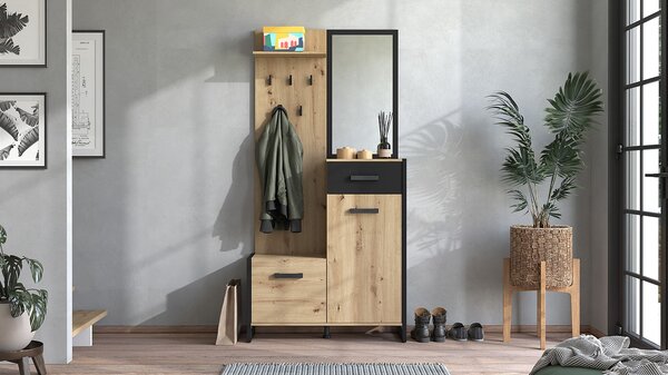 Předsíňová stěna se zrcadlem Scalea - dub artisan/černá