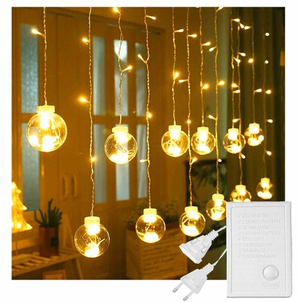 LED světelný závěs baňky - 2,5x1m, 108LED, 8 funkcí, IP20, teplá bílá