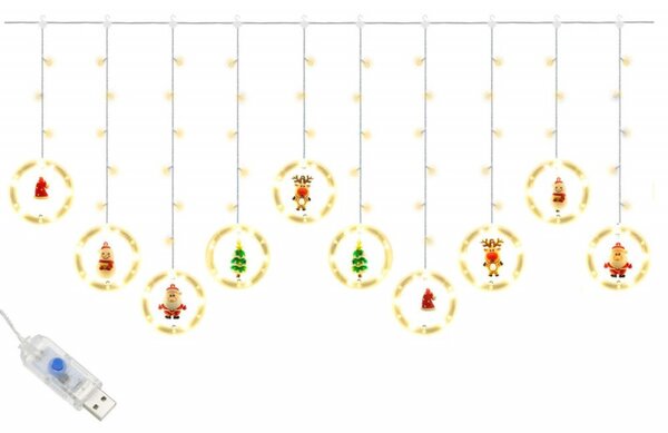 LED světelný závěs kroužky - 3x0,8m, 110LED, 8 funkcí, USB, IP44, teplá bílá