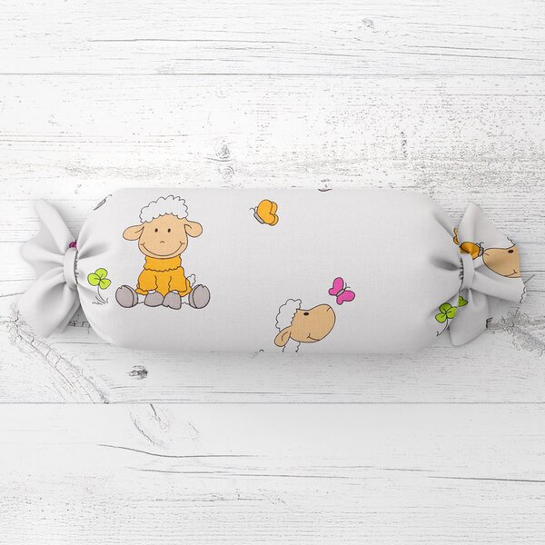 Biante Dětský polštář válec bonbon Sandra SA-728 Veselé ovečky na bílém 15x40 cm