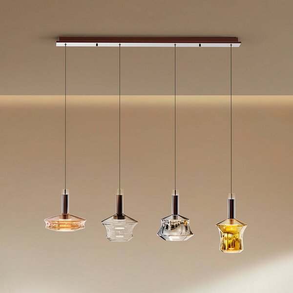 Schuller Valencia Závěsné LED světlo Scarlett, barevné, délka 108 cm, sklo, 4 svítidla., stmívatelný, Vícebarevná, Obývací pokoj / jídelna, Sklo