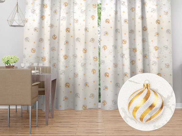 Biante Luxusní dekorační vánoční závěs Parma PM-138 Stříbrno-zlaté vánoční baňky na stříbrno-krémovém 145x140 cm