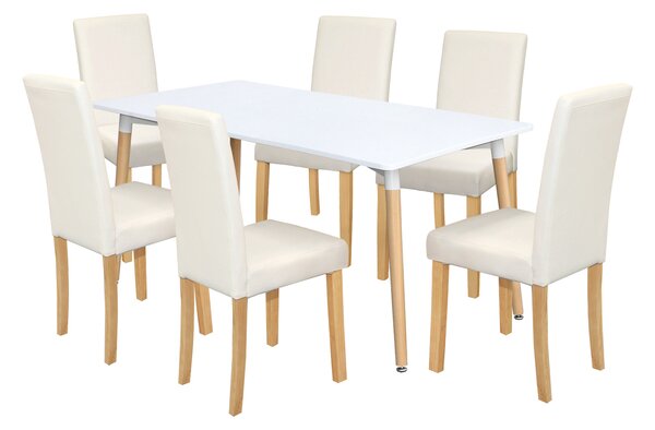 Jídelní stůl ONE 160x90 bílý + 6 židlí PRIMA bílá/světlé nohy