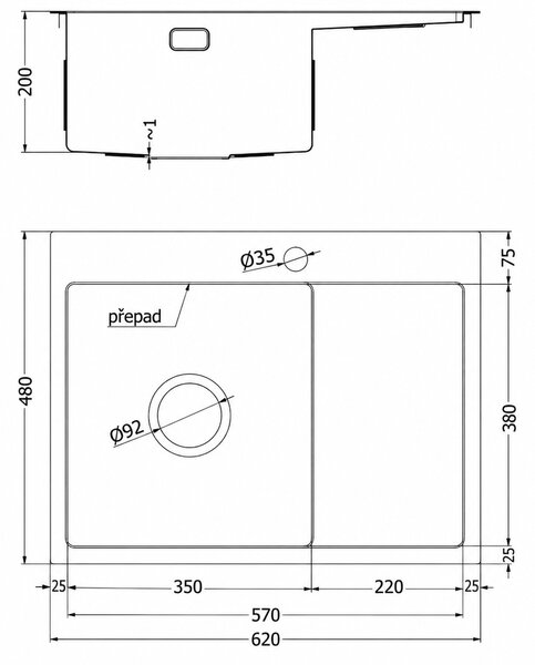 Nerezový dřez Mexen Exar odkapávačem 620 x 480 mm černý levý