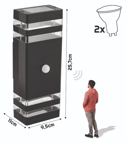 BERGE LED fasádní svítidlo 2xGU10 IP44 černé s čidlem