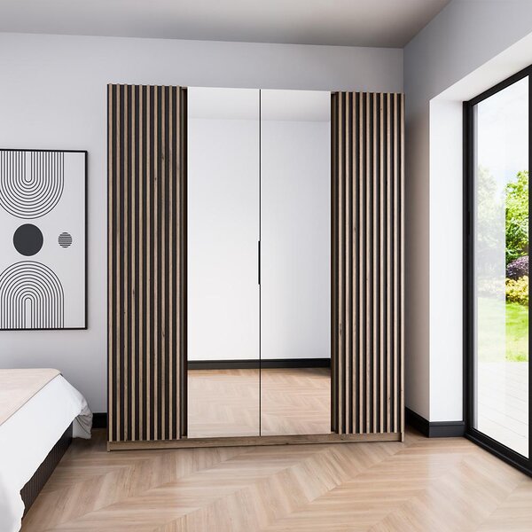 Šatní skříň KAJA 2LAM 2LU | 200 cm | se zrcadly | VYSOKÁ | evoke/černá + lamely