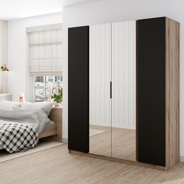 Šatní skříň KAJA 2F 2LU | 200 cm | se zrcadly | VYSOKÁ | evoke/černá