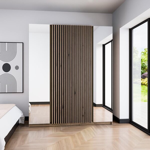 Šatní skříň KAJA 2LU 2LAM | 200 cm | se zrcadly | VYSOKÁ | evoke/černá + lamely