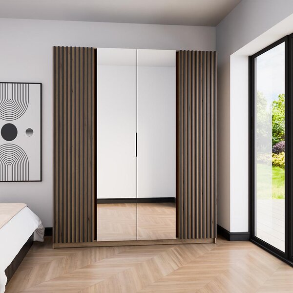 Šatní skříň KAJA 2LAM 2LU | 200 cm | se zrcadly | VYSOKÁ | evoke + černé lamely