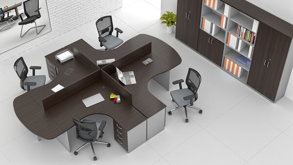 NABYTEK-DESIGNOVY.CZ - Rohová kancelář pro 4 pracovníky KOMFORT – velká sestava, kaštan/šedá – ZE 4.12P 07