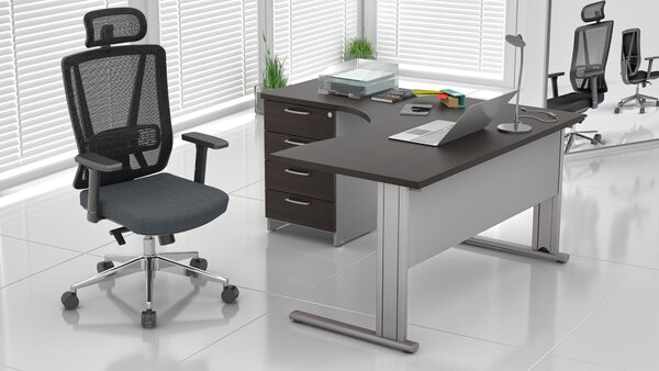 NABYTEK-DESIGNOVY.CZ - Rohové pracovní místo KOMFORT – kovová podnož + kontejner, kaštan/šedá – ZEP 1.8 07
