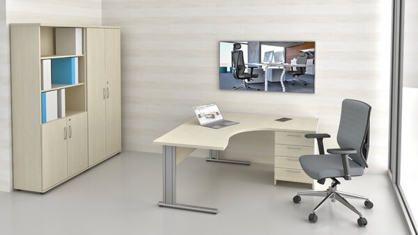 NABYTEK-DESIGNOVY.CZ - Kompletní rohová kancelář pro 1 pracovníka KOMFORT – kovová podnož, javor – ZEP 1.12 12