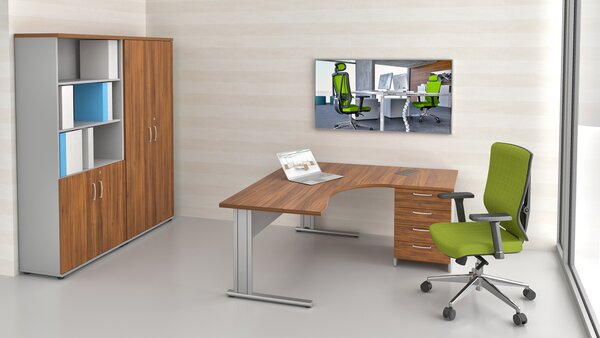 NABYTEK-DESIGNOVY.CZ - Kompletní rohová kancelář pro 1 pracovníka KOMFORT – kovová podnož, ořech/šedá – ZEP 1.12 19
