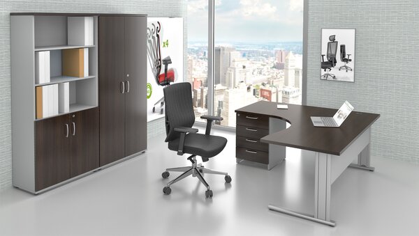 NABYTEK-DESIGNOVY.CZ - Kompletní rohová kancelář pro 1 pracovníka KOMFORT 1.18 – kovová podnož, kaštan/šedá – ZEP 1.18 07