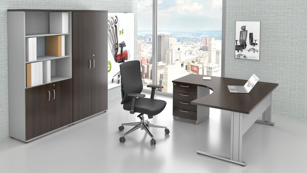 NABYTEK-DESIGNOVY.CZ - Kompletní rohová kancelář pro 1 pracovníka KOMFORT 1.18 – kovová podnož, kaštan/šedá – ZEP 1.18 07