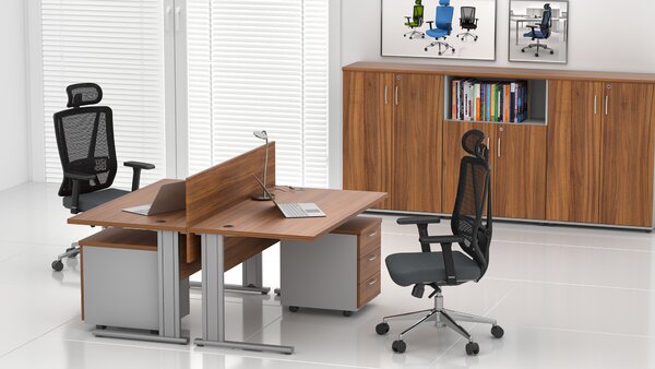 NABYTEK-DESIGNOVY.CZ - Kancelář pro 2 pracovníky KOMFORT – kovové podnože, ořech/šedá – ZEP 2.6 19