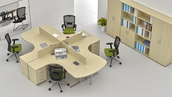 NABYTEK-DESIGNOVY.CZ - Rohová kancelář pro 4 pracovníky KOMFORT – kovové podnože, javor – ZEP 4.12P 12