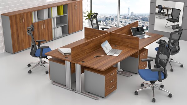 NABYTEK-DESIGNOVY.CZ - Kancelář pro 4 pracovníky KOMFORT – kovové podnože, ořech/šedá – ZEP 4.6 19