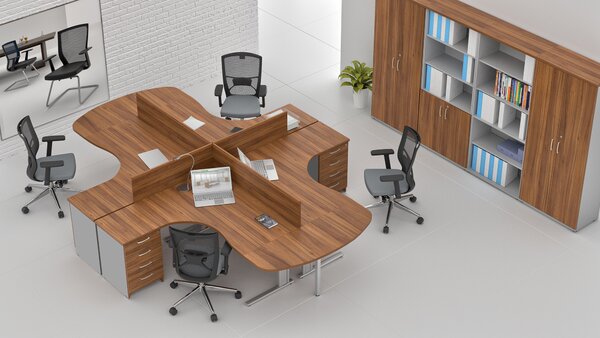NABYTEK-DESIGNOVY.CZ - Rohová kancelář pro 4 pracovníky KOMFORT – kovové podnože, ořech/šedá – ZEP 4.12P 19