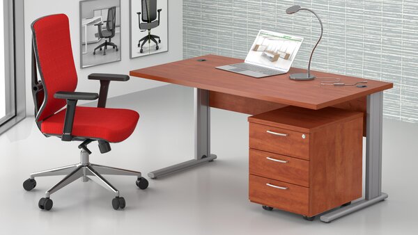 NABYTEK-DESIGNOVY.CZ - Pracovní místo KOMFORT – stůl 140 cm + kontejner, kovová podnož, calvados – ZEP 1.2 03