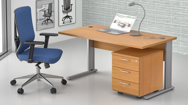 NABYTEK-DESIGNOVY.CZ - Pracovní místo KOMFORT – stůl 140 cm + kontejner, kovová podnož, buk – ZEP 1.2 11