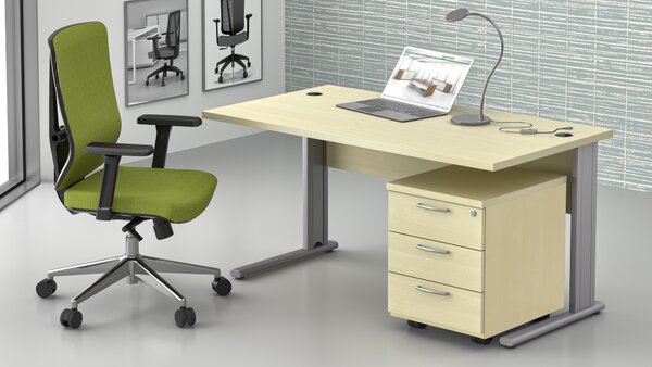 NABYTEK-DESIGNOVY.CZ - Pracovní místo KOMFORT – stůl 140 cm + kontejner, kovová podnož, javor – ZEP 1.2 12