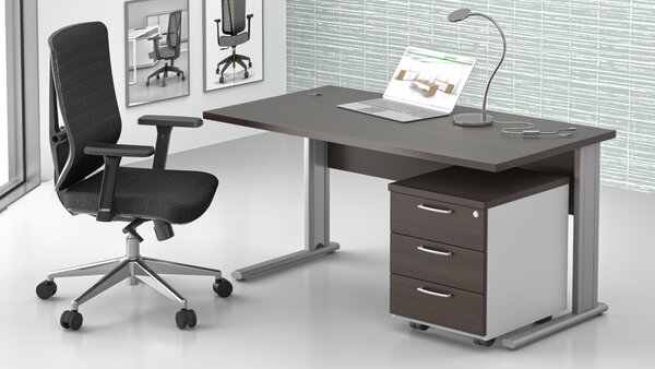 NABYTEK-DESIGNOVY.CZ - Pracovní místo KOMFORT – stůl 140 cm + kontejner, kovová podnož, kaštan/šedá – ZEP 1.2 07