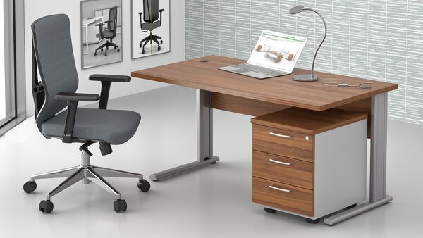 NABYTEK-DESIGNOVY.CZ - Pracovní místo KOMFORT – stůl 140 cm + kontejner, kovová podnož, ořech/šedá – ZEP 1.2 19