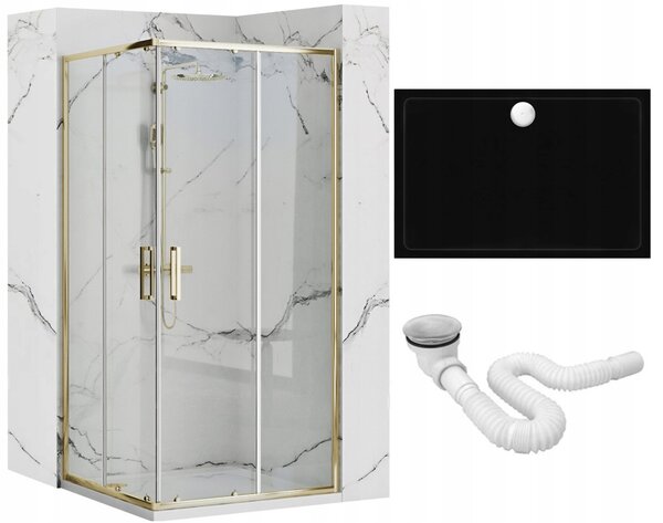 Rea Punto, sprchový kout 100x80x190 cm, 5mm čiré sklo, zlatý lesklý profil + černá sprchová vanička Savoy, KPL-K2442