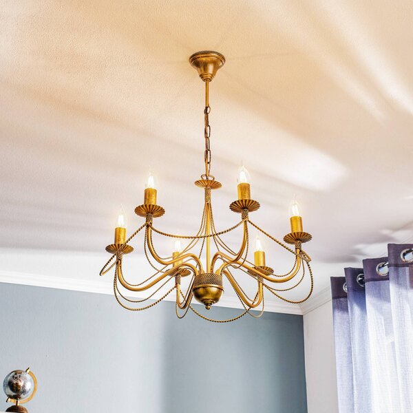 EMIBIG LIGHTING Lustr Tori 6, šestilampový, zlatý, stmívatelný, Mosaz / zlato, Obývací pokoj / jídelna, kov, Starožitný