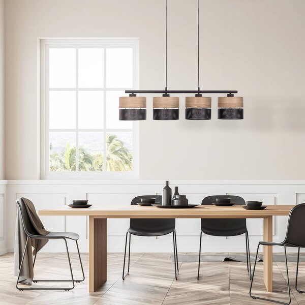 TK Lighting Závěsná lampa Nicol, černá/dřevěný efekt, 94x20 cm 4 světla x E27, stmívatelný, Světlé dřevo, Obývací pokoj / jídelna, Moderní