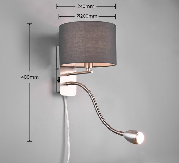Trio 271170211 LED nástěnné svítidlo Hotel 1x40W | E14 + 1x LED 3,1W | 310lm | 3000K - ohebné rameno, oddělené vypínače, matný nikl, šedá