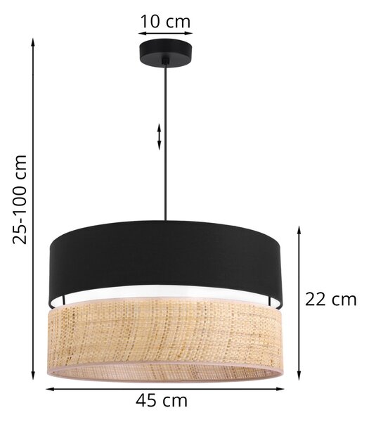Závěsné svítidlo Rattan, 1x ratanové/černé textilní stínítko, (fi 45cm)