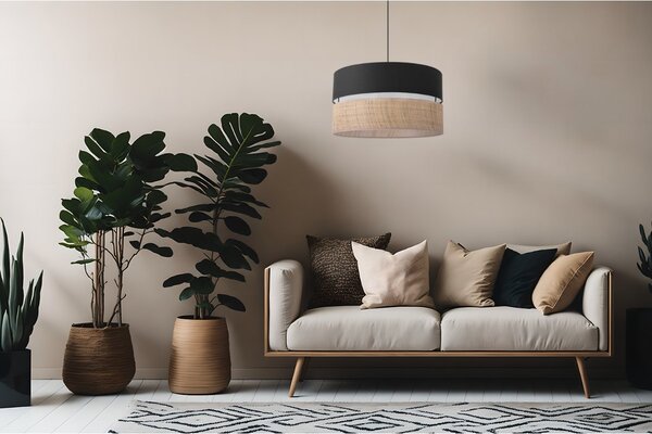 Závěsné svítidlo Rattan, 1x ratanové/černé textilní stínítko, (fi 45cm)