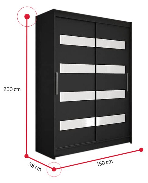 Posuvná šatní skříň STAWEN IV, 150x200x58, bílá/černá lesk