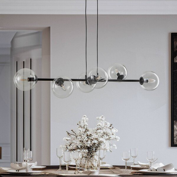 EMIBIG LIGHTING Závěsné světlo Glassy, 6 žárovek, černé, čiré sklo, 110 cm, stmívatelný, Černá, Obývací pokoj / jídelna, kov, Moderní