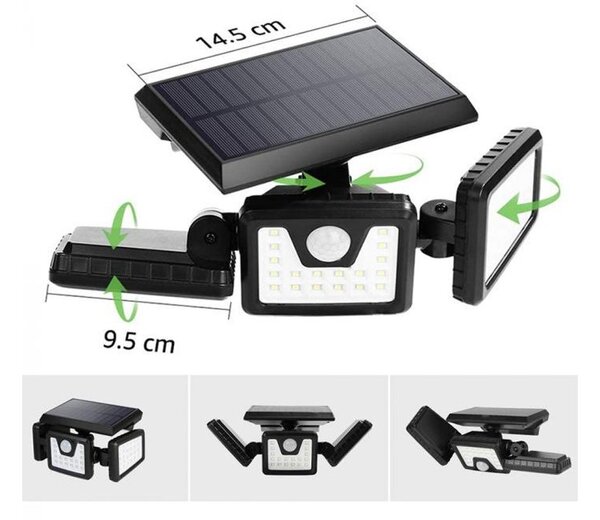 Solárny Svetlomet 74x LED pohybový senzor 15W 480lm - čierny