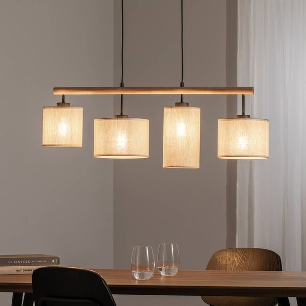 TK Lighting Závěsné světlo Deva Nature, čtyřramenné, textil, stmívatelný, Světlé dřevo, Obývací pokoj / jídelna, Dřevo, Skandinávský