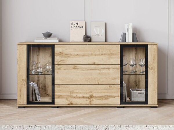 Široká komoda Hedvis SB 150 2D3S, Barva: černá, Osvětlení: osvětlení LED - bílé 5903211423314