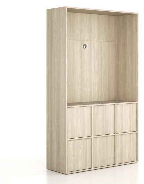 Kancelářská skříň FRAME, 6x dveře, prostor pro TV, 1299 x 450 x 2162 mm, PUSH-lock, dub přírodní